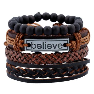 China Men's Environmentally Friendly Inspirational Bracelet Set Fashion Genuine Leather Wristband for sale