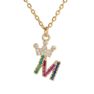 China Environmental Friendly Tiny Crown Women Letter Jewelry Rainbow Zircon Initial Necklace for sale