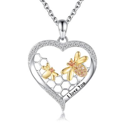 China Environmental Friendly 925 Sterling Silver I Love You Heart With Gold Bee Necklace Honeycomb Pendant Necklace for sale