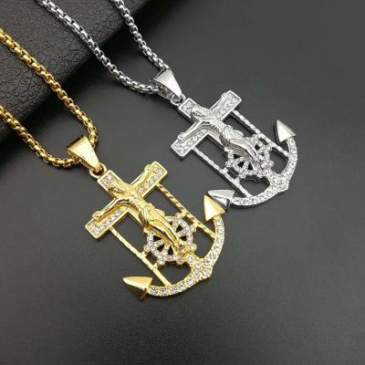 China Environmental Friendly Crystal Hip Hop Stainless Steel Jesus Piece Anchor Necklace for sale