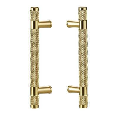 China Contemporary Two Hole Knurled Textured Kitchen Handles And Knobs Drawer Pulls Bedroom Knobs T Bar Cabinet Brass Hardware for sale