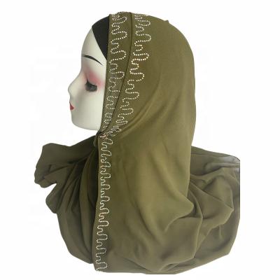 China Wholesale Fashion Long Fashion Muslim Hijab Diamond Malaysia Tudung Scarf Plain Chiffon Hijab With Colorful Beads for sale