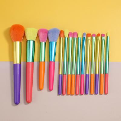 China Factory Price Flat Brush 15 Pcs Neon Brush Set Free Sample Custom Makeup Logo No Logo Colorful Makeup Brushes for sale