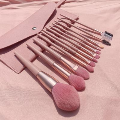 China Flat Brush 12 Pcs Pink Brush With Bag Pale Pink Wooden Handle Makeup Brushes for sale