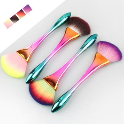 China Good Quality But Inexpensive Plating Handle One Piece Powder Brush Makeup Rainbow Color Rainbow Fan Brush for sale