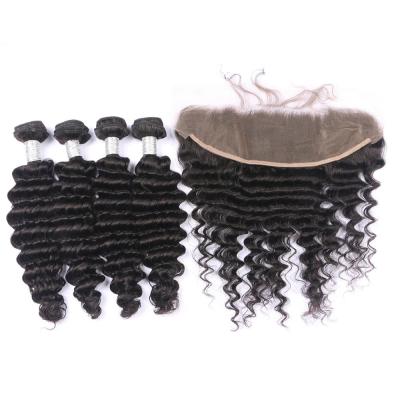 China Factory Price Deep Wave Virgin Human Brazilian Hair Weaves 3 Bundles With Lace Headband for sale