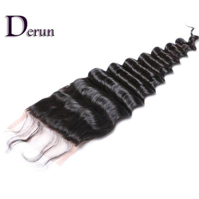 China 1-2year Virgin Cuticle Lined Double Remy Human Hair No Drawn Shedding Tangle Free Deep Wave 4*4 HD Lace Closure for sale