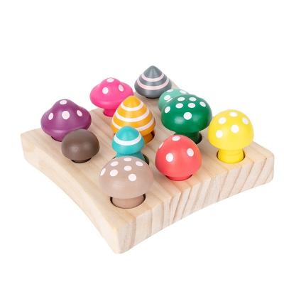 China Baby wooden wholesale montessori education concentration training early fun picking props wooden toys simulation mushroom picking game for sale