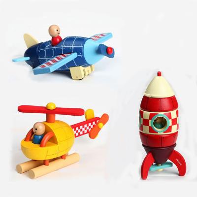 China Amazon Hot Selling Retro Wooden Decoration Opens Handmade Children's Aircraft Helicopter Rockets Model Wooden Toy Birthday Gift for sale