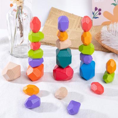 China Colorful Wooden Toy Nordic Style Stacking Game Building Block Stone DIY TOY Baby Toy Wooden Puzzle Creative Rainbow Educational Stone for sale