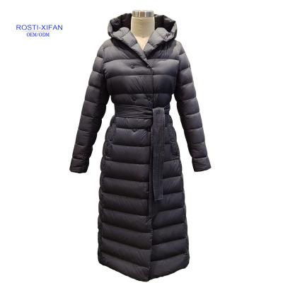 China Women Breathable Clothes Coats Ladies Long Duck Down Coats For Winter With Hood And Matching Color Belt for sale