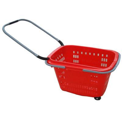 China 40L Folding And Customized Logo Basket Grocery Supermarket Plastic Shopping Trolleys Trolleys With 4 Wheels for sale