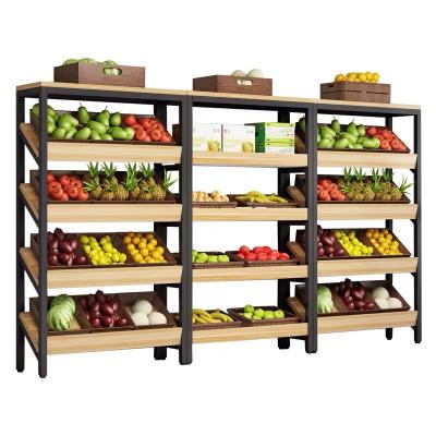 China New design single-sided fruit vegetable rack steel wooden supermarket shelves wine fruit and vegetable display rack for sale