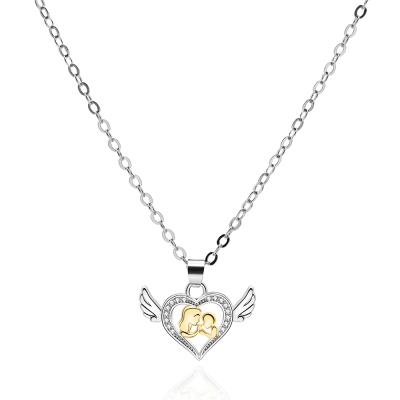 China TRENDY Mothers Day Gifts Two Color CZ Heart Jewelry with Mom and Baby Zircon Inlaid Ladies Fashion Angel Wings Necklace for sale