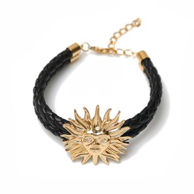 China Original High Quality Gold Plated Sun God Black Leather Bracelets Fashion New Arrivals Bracelets For Men for sale