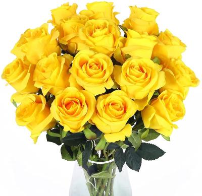 China Natural Touch Artificial Flowers Roses Velvet Flower Yellow Artificial Rose Long Stem Rose Bouquet Gold for sale