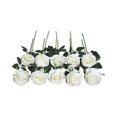 China High Quality White X White Natural Touch 10 Pieces Artificial Rayon Roses Wedding Bridal Rose Metal Artificial Flowers Bouquet Party Home Decoration for sale