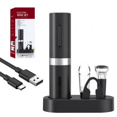 China Auto Wine Accessories Factory Custom Logo Wholesale Premium Wine Opener Gift Set Rechargeable Black Electric Wine Opener With Base for sale