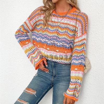 China 2023 Anti-wrinkle spring sweater cardigan new loose crewneck women hollowed out jacquard pullover sweater for sale