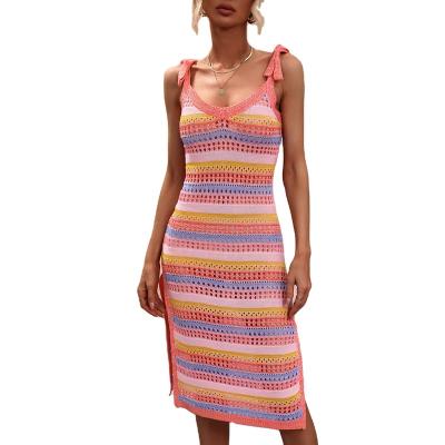 China -2023 summer new fashion women's anti-static knitted long skirt shoulder hollowed out sexy knitted dress for sale