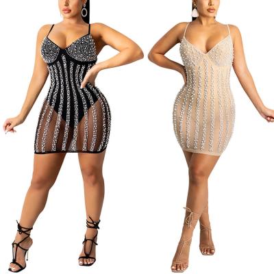 China Women Clubwear Breathable Sexy Rhinestone See Slip Club Wear Dresses for sale