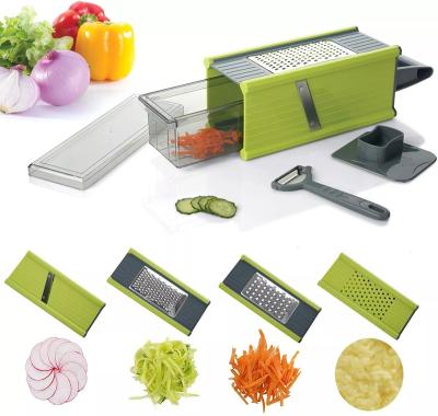 China Viable 5 in 1 Multifunctional Manual Vegetable Potato Tomato Shredder Cutter Cleaver Peeler And Shredder With Storage Container for sale