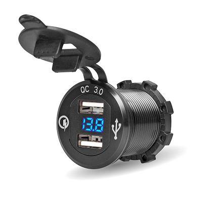 China DC 12-24V Waterproof Aluminum QC 3.0 USB Mobile Phone/Ipad/Camera/PDA/MP3 Car Charger with Digital Voltmeter for sale