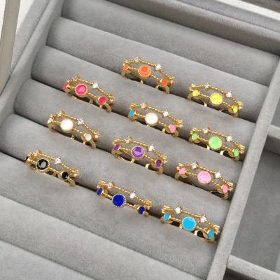 China LS-L709 Unique Shape Lead Free Nickel Free 18K Gold Plated Rings Enamel Colorful Cubic Zirconia Rings For Jewelry Wholesale for sale