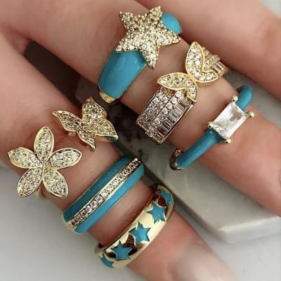 China Fashionable INS LS-B2226 FASHION hot blue ring jewelry trendy CZ micro pave ring jewelry summer jewelry for sale