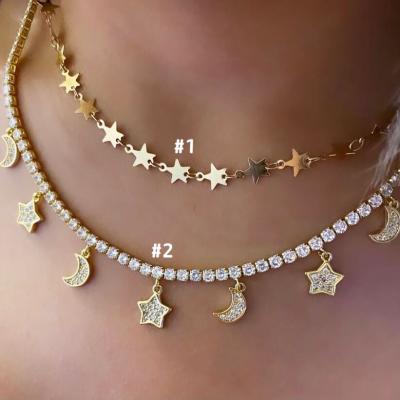 China Environmental Friendly Wonderful LS-L271 Gold Plated CZ Necklace, High Quality Star Moon Shaped Chain Necklace Jewelry for sale