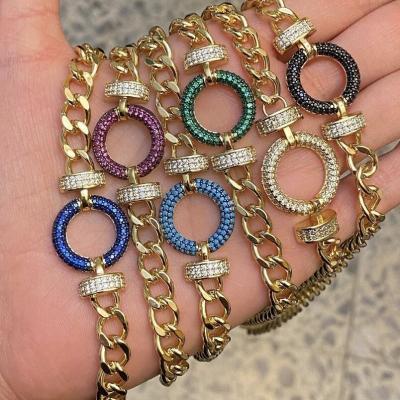 China LS-L164 Luck Stunning Colorful Cuban Chain CZ Necklace, Gold Plating Circle Charm CZ Necklace For Gift for sale