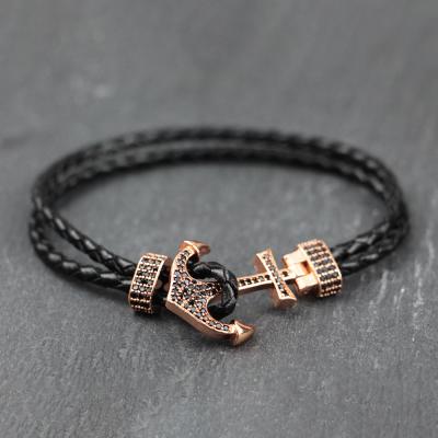 China LS-E186 Wholesale Casual/Sporting CZ Anchor Bracelet Handmade Weave Genuine Leather Leather Bracelets for sale