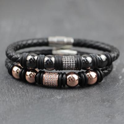 China LS-E172 CZ Diamond Pave Stopper Spacer Beaded Casual/Sporty Leather Bracelet for Men, Mens Leather Bracelet for sale