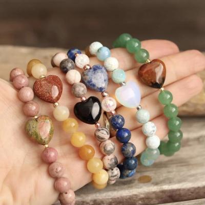 China LS-B2109 BOHEMIA Gemstone Bracelets Healing Quartz Multi Beaded Bracelet Raw Stone Bracelet With Heart Design Charm for sale