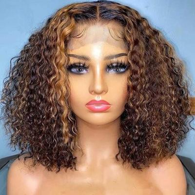 China Water Wave 200% Black With Honey Swiss Ash Virgin Highlight Color Frontal Lace Front Wig T1B/4/27 Lace Front Wig For Colored Women Short Bob Hair for sale