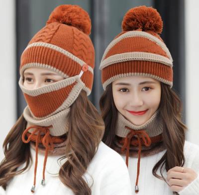 China New Design COMMON Winter Hat Knitted Beanie With Face Masking Winter Hat Wool With Scarf For Women for sale