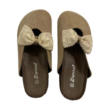 China Damping Tide Brand Baotou Half Lazy 2022 Slippers Frosted Real Cowhide Slippers Bow Knot Platform Sandals Brown for sale