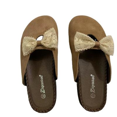 China 2022 retro fashion trend bow toe half head slippers cushioning frosted leather lazy slippers spring and summer flat sandals brown for sale