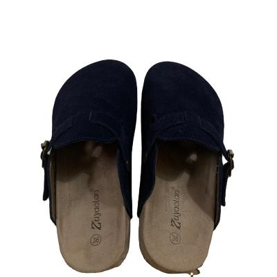 China Cushioning 2022 fashionable frosted lazy slippers one half head leather slippers toe pedal for going out dark blue flat bottom all-match sandals for sale