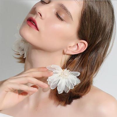 China RTS Women Big Romantic Petal Drop Large Dangle Earrings Flowers Dangle Earrings With Floral Chiffon Tassel For Holiday Wedding for sale