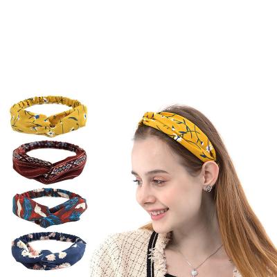 China For Decoration RTS Women Headbands With Twist Knot Boho Flower Print Cross Head Wrap Elastic Hair Band for sale