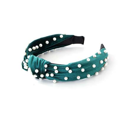 China For Decoration RTS Headbands For Women Girls Fashion Velvet Wide Headbands With Beads Knot Turban Headband Beaded Headbands Accessories for sale