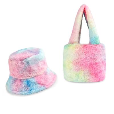 China 2022 Fashion Tie Dye Handbags Hat Sets Messenger Bag Fishermen Hat And Bag Set Rabbit Fur Women Handbags And Hats Set for sale