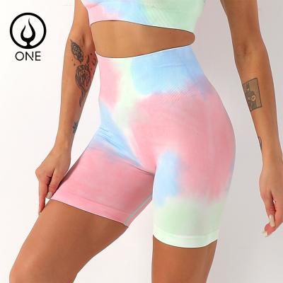 China Sexy Seamless Breathable Tie Dye Fitness Shorts Control High Butt Tummy Waist Yoga Shorts Fashionable Colorful Lifting Activewear for sale