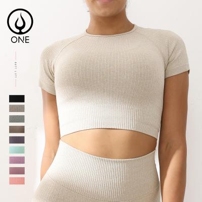 China OEM Breathable Women Ribbed Short Sleeve Crop Top Solid Color Crewneck Elastic Workout Top for sale