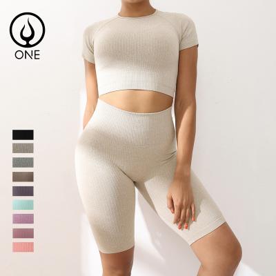 China Breathable Women 2 Piece Workout Teams Ribbed Seamless Yoga Set Shorts Sheath Top And Shorts In Solid Color for sale