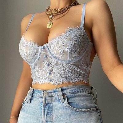 China 2021 Sexy Breathable Corset Top Quality Comfort Under Wire Lingerie Eyelash Lace Sexy Tank Bra Set For Women for sale