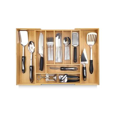 China Sustainable Bamboo Adjustable Drawer Cutlery Tray With 2 Removable Knife Blocks for sale