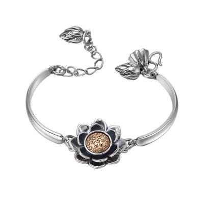 China Wholesale Fukarni S925 Sterling Silver Lotus Jewelry Adjustable Vintage Bracelet Men Women Shape Lotus Bracelet Solid Silver for sale