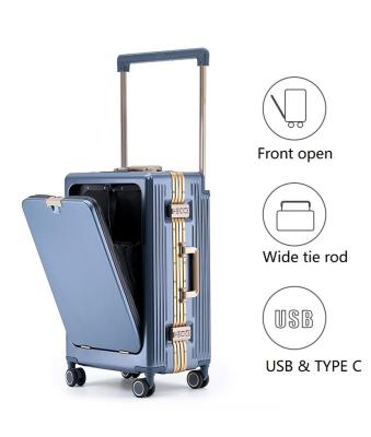 China Front Open PC USB TYPE C Luggage Hand Carry Travel Luggage Bag Carry On Luggage Business Style Trolley Suitcase for sale